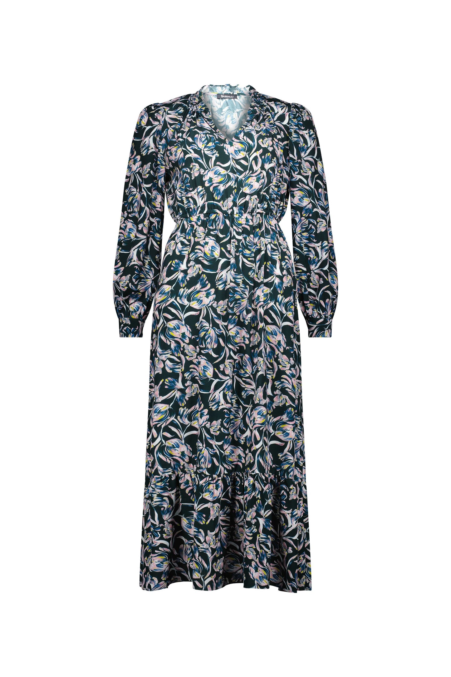 
                  
                    6096 Valentina - Printed Frill Neck Dress with Panel Hem
                  
                