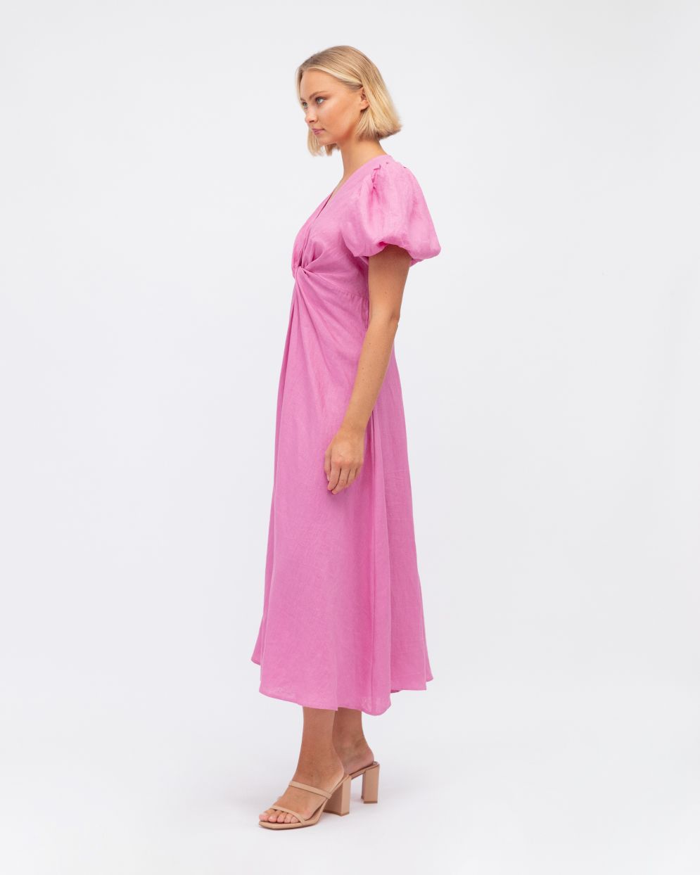 
                  
                    Pink Puff Sleeve Linen Dress
                  
                