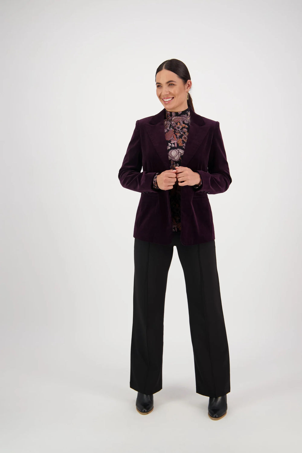 2063M Mulberry - Shaped Lined Cord Blazer with Back Vent and Button Cuff Detail