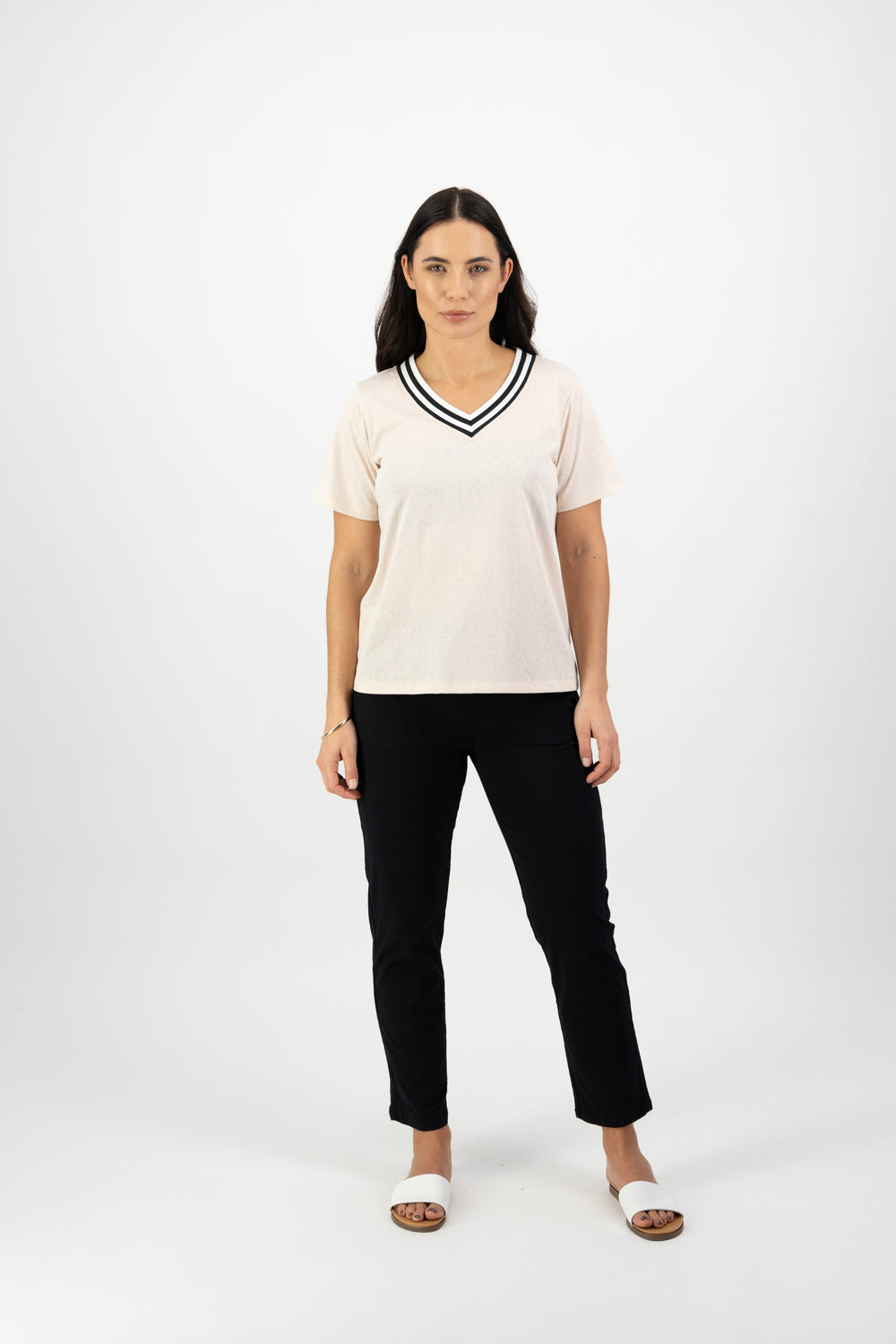 V Neck Top with Striped Neckband 4425