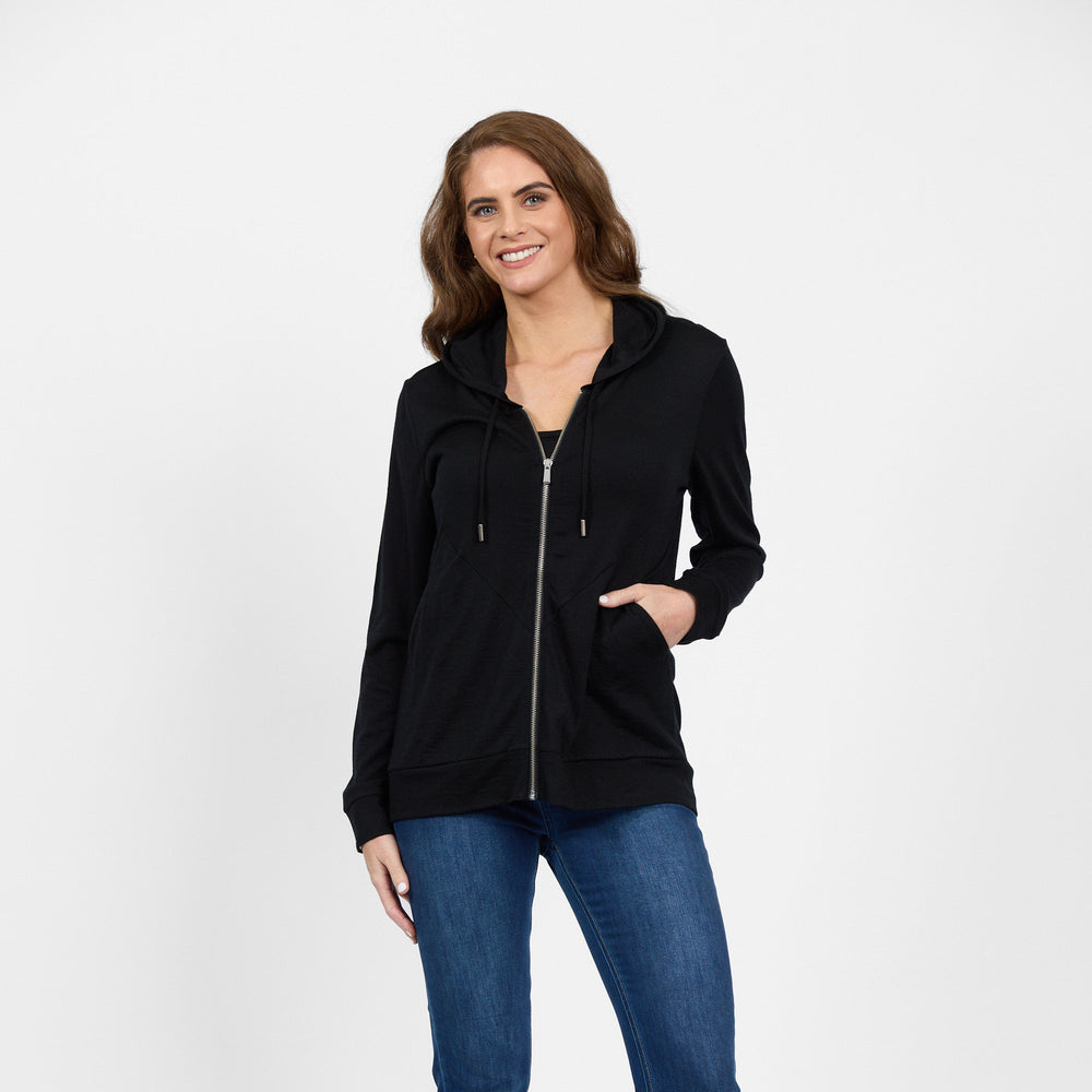 4437 Vassalli Merino Zip Up Hooded Jacket with Scooped Back Hem in Black