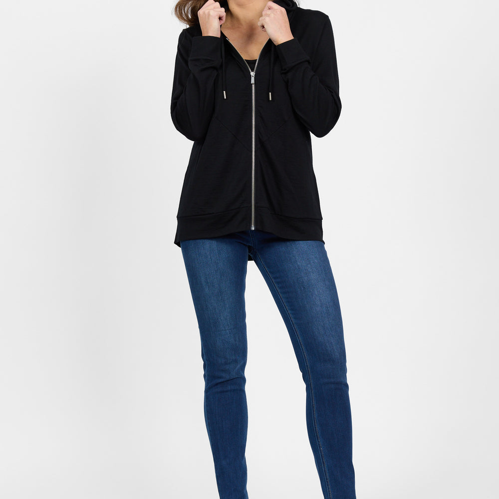 
                  
                    4437 Vassalli Merino Zip Up Hooded Jacket with Scooped Back Hem in Black
                  
                