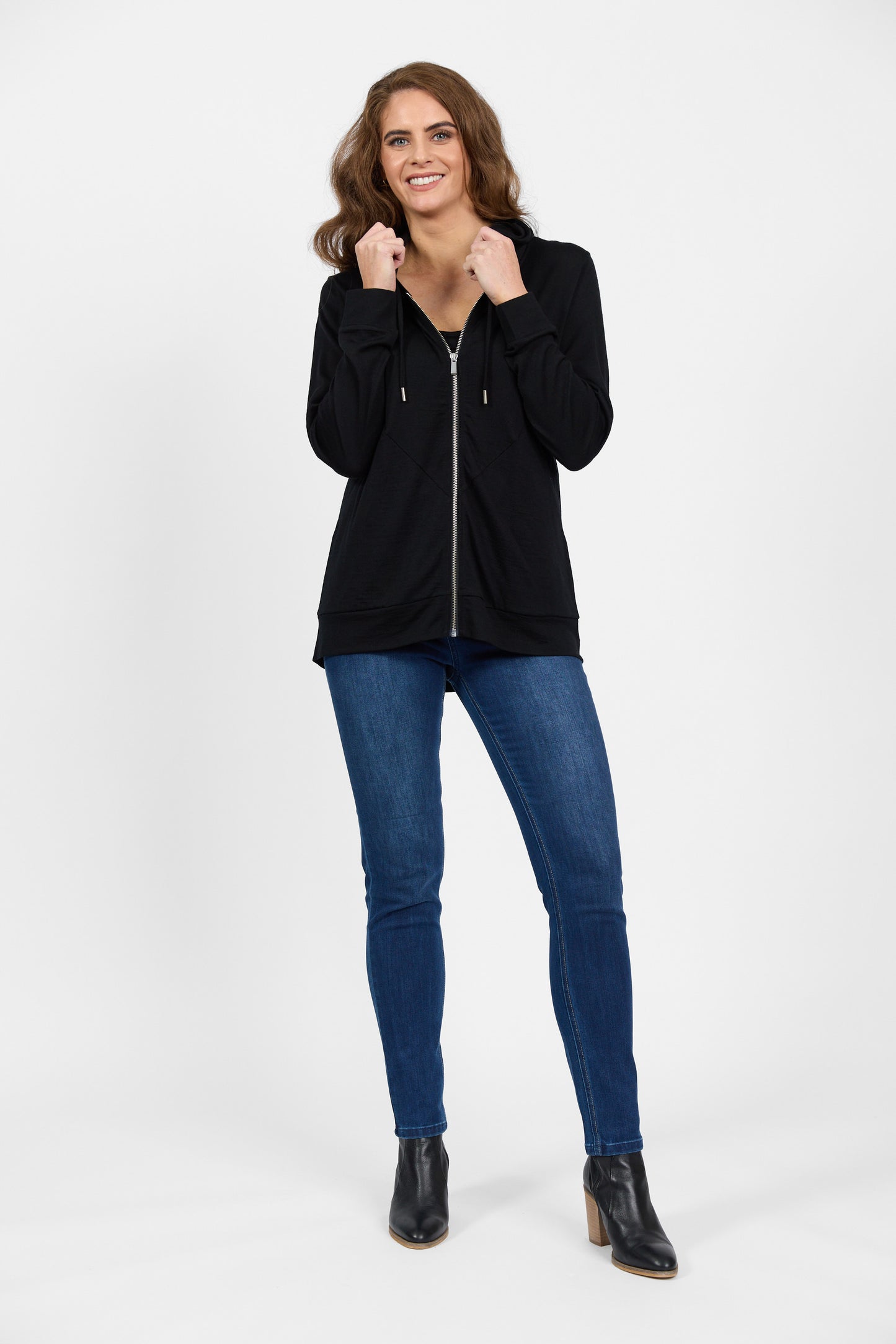 
                  
                    4437 Vassalli Merino Zip Up Hooded Jacket with Scooped Back Hem in Black
                  
                