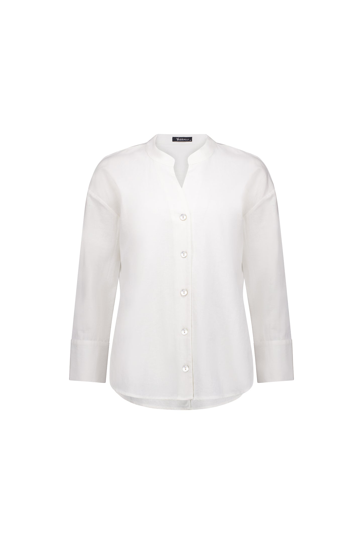 
                  
                    Plain Long Sleeve Chinese Collar Shirt with Side Hem Insert
                  
                