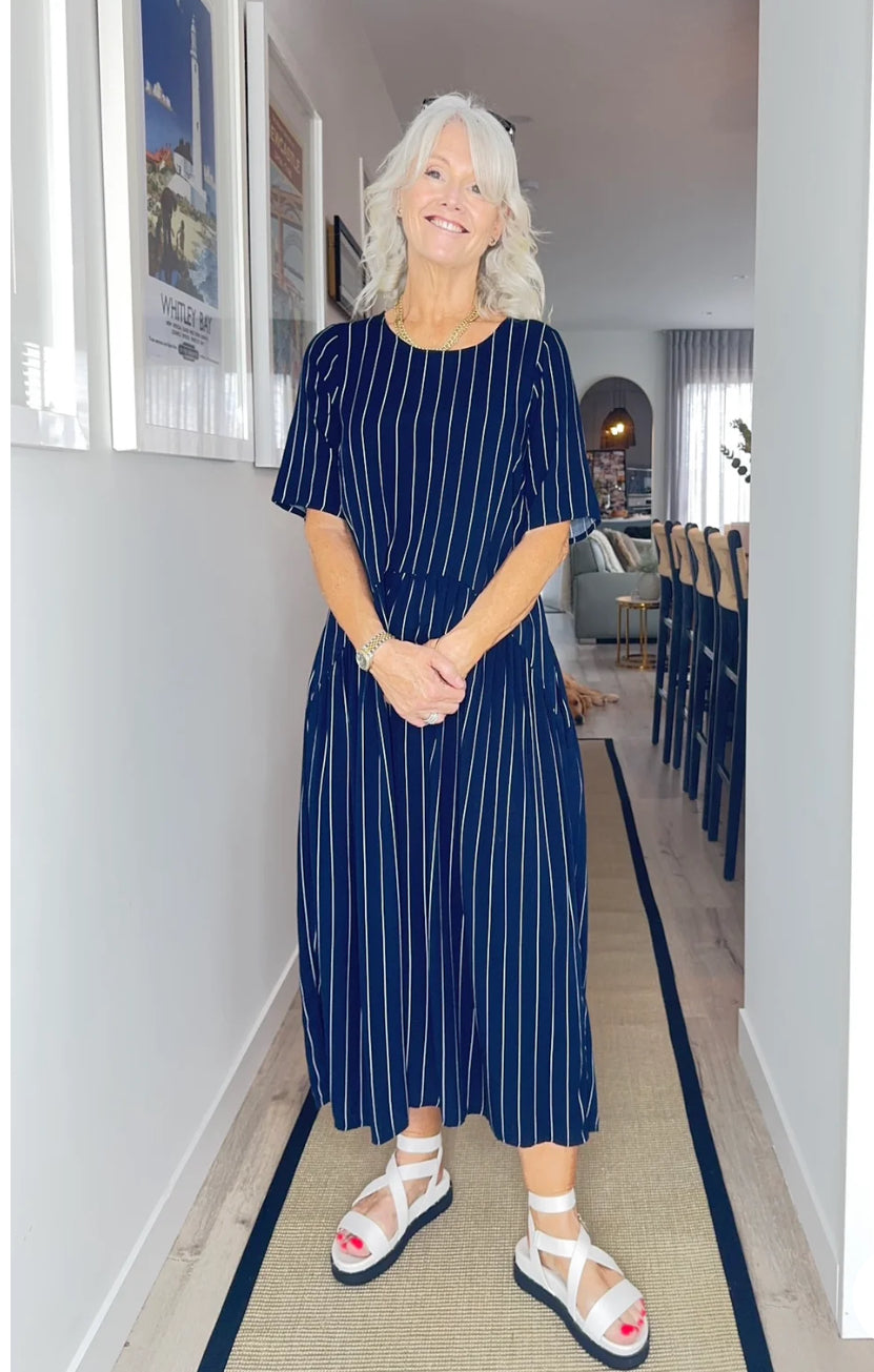 
                  
                    Monroe Dress -NAVY STRIPE
                  
                