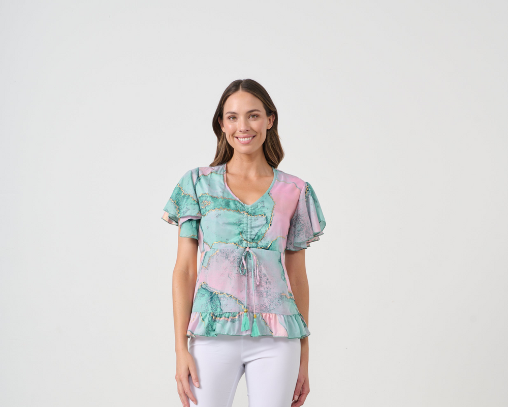 CZ1075 Blouse - Marble Print w/Drawstring Neckline