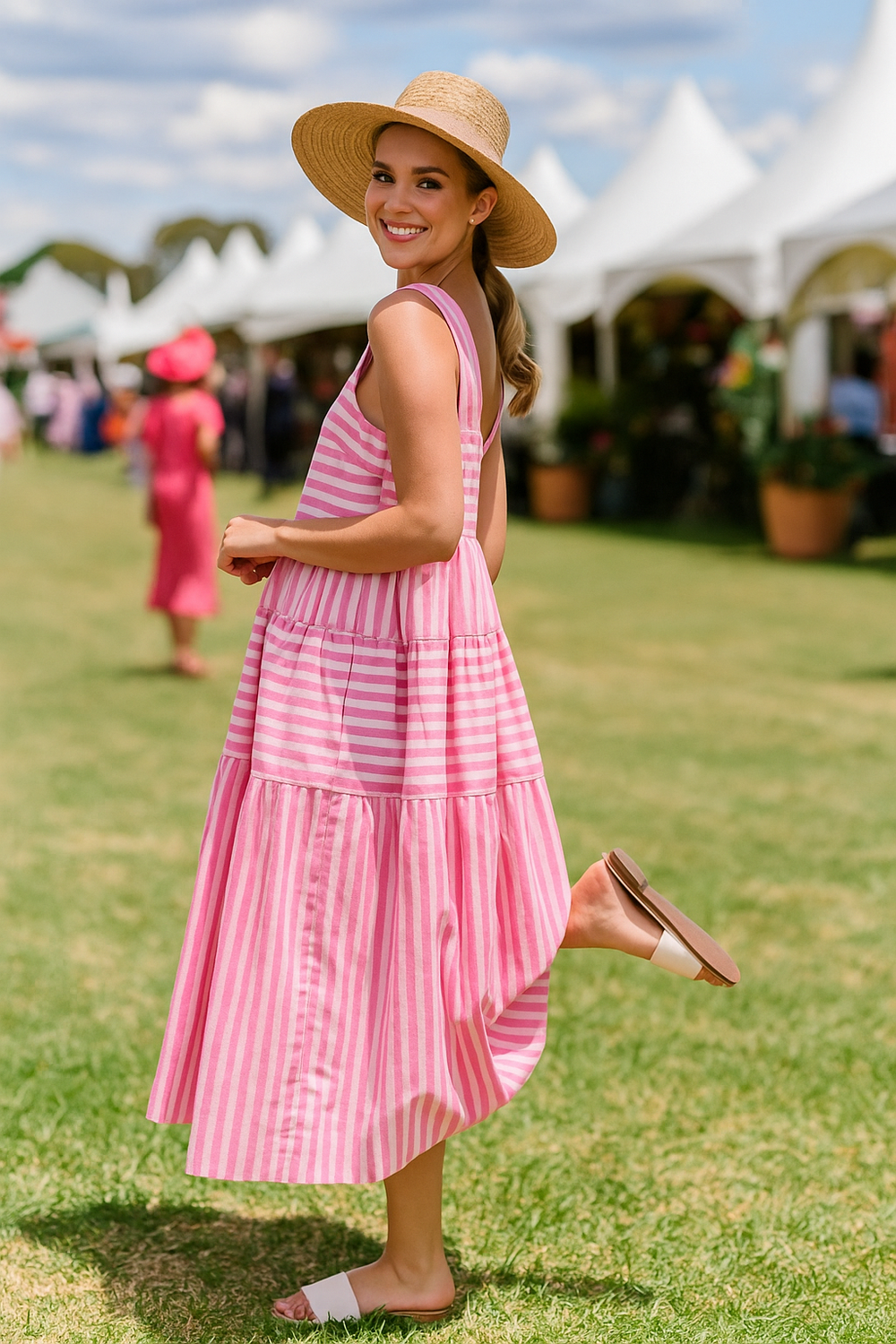 6099-Sleeveless Tiered Dress with Wide Straps-Pink Stripe