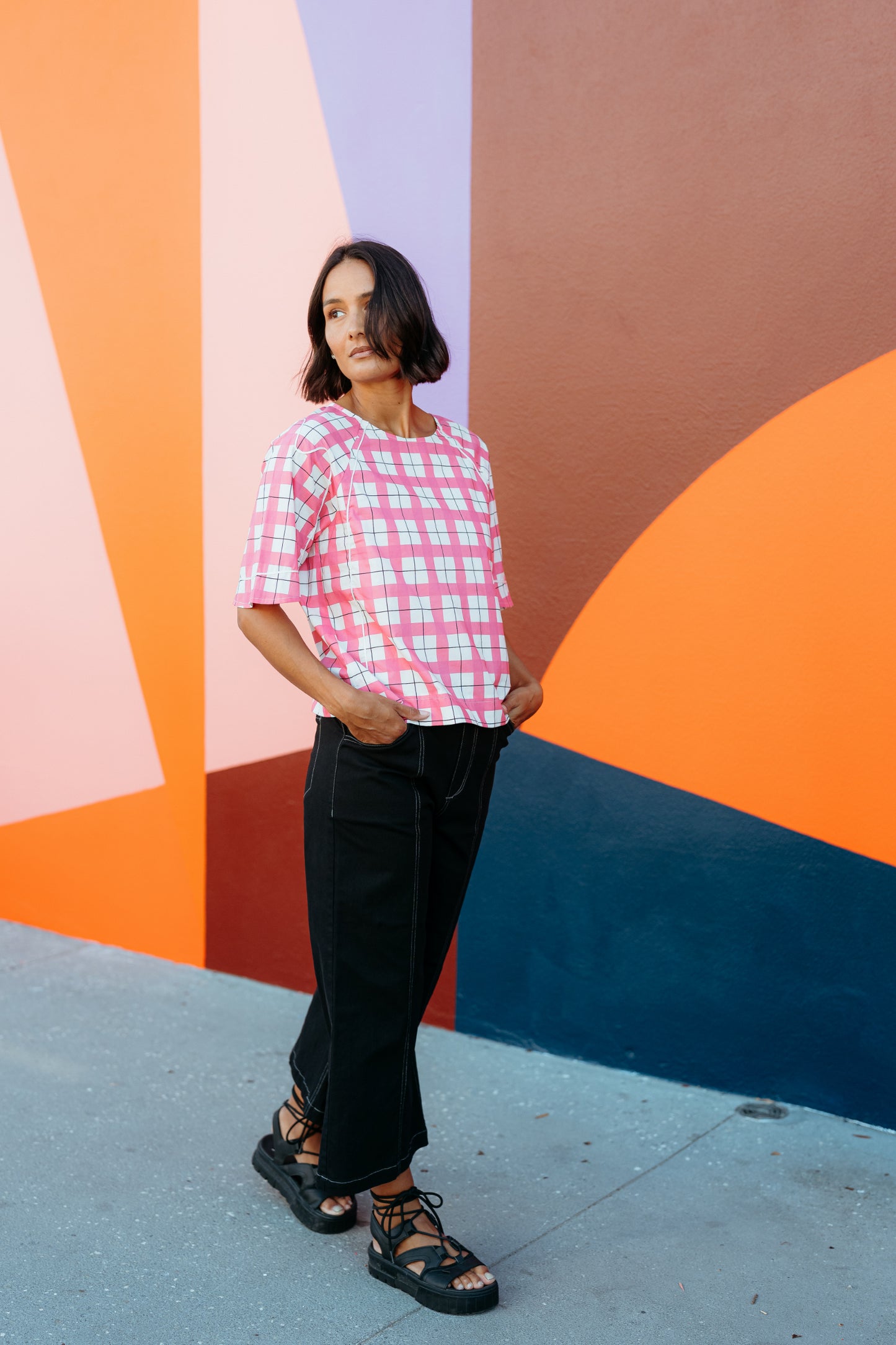 
                  
                    Mila Top-Pink Gridlock
                  
                