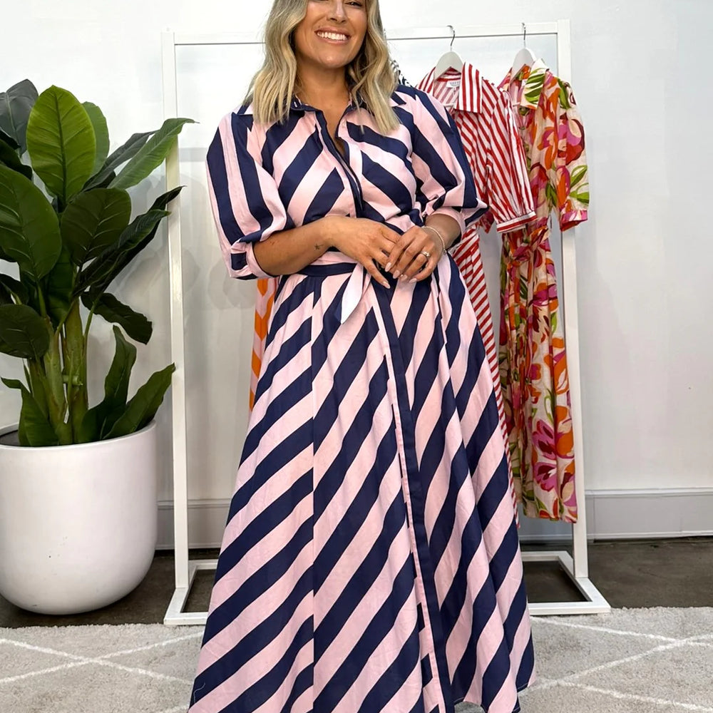 
                  
                    BIANCA DRESS - NAVY/PINK STRIPE
                  
                