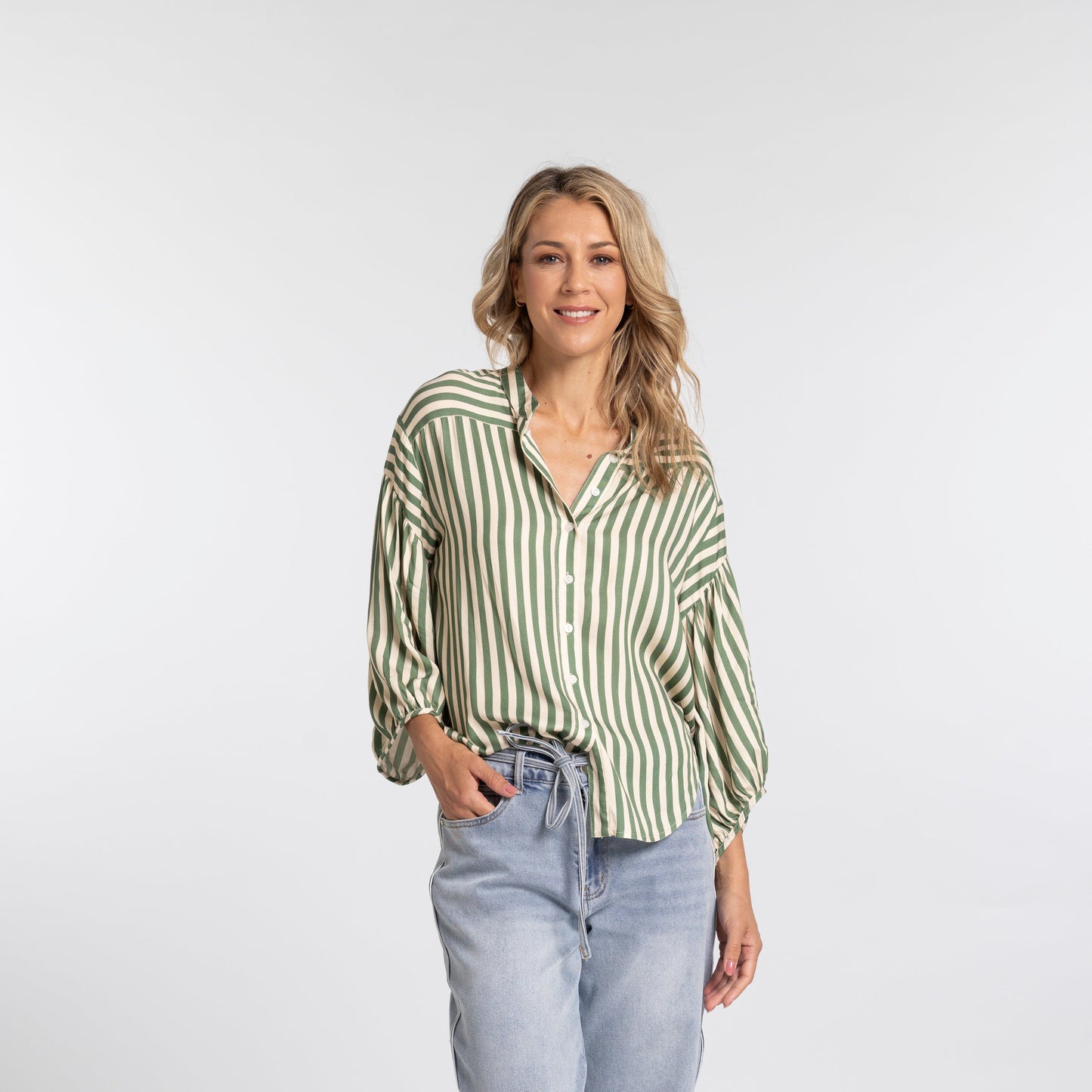 
                  
                    BRONTE BLOUSE-GREEN STRIPE
                  
                