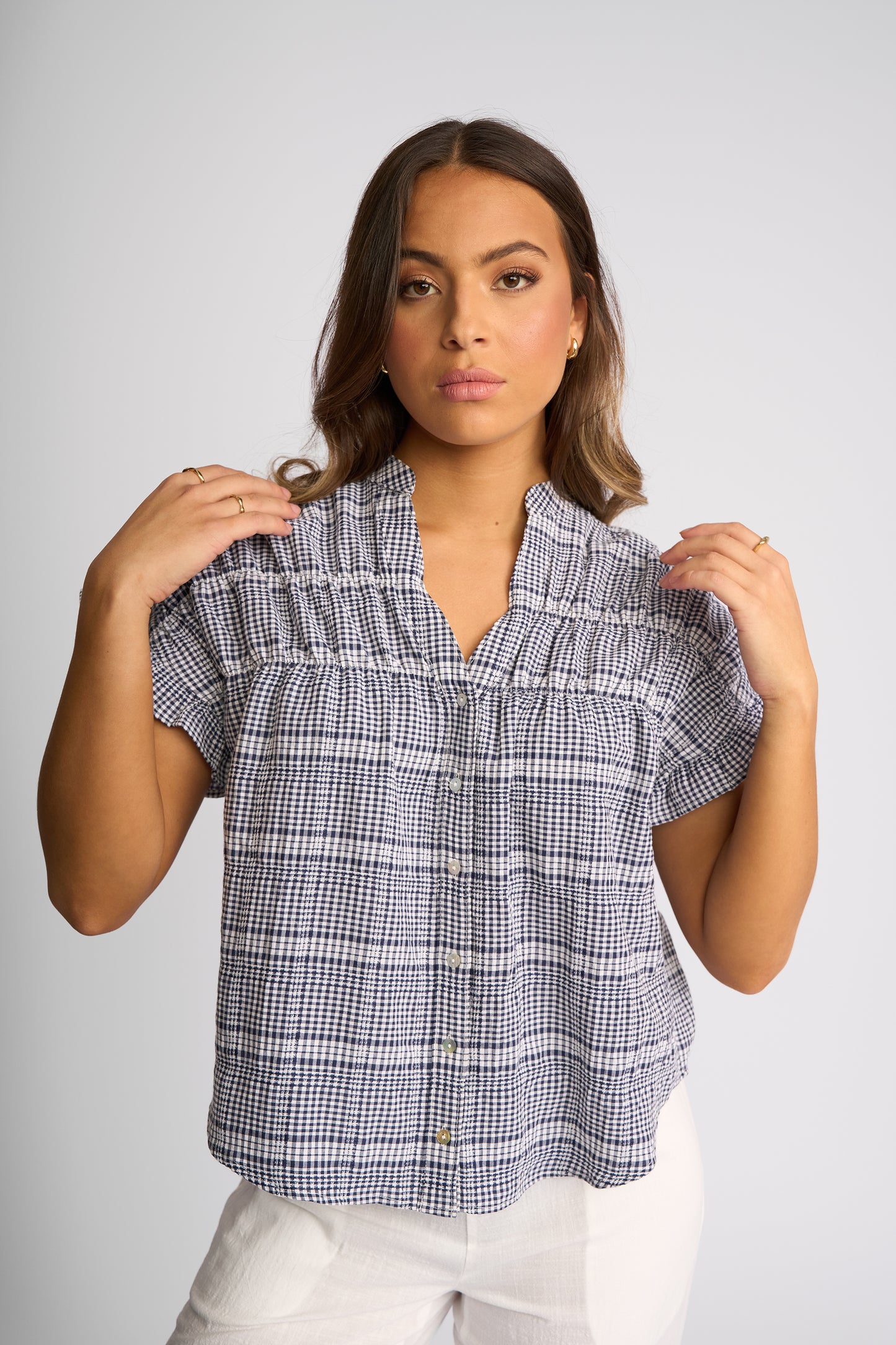 
                  
                    KNEWE ADDISON TOP-INK GINGHAM
                  
                