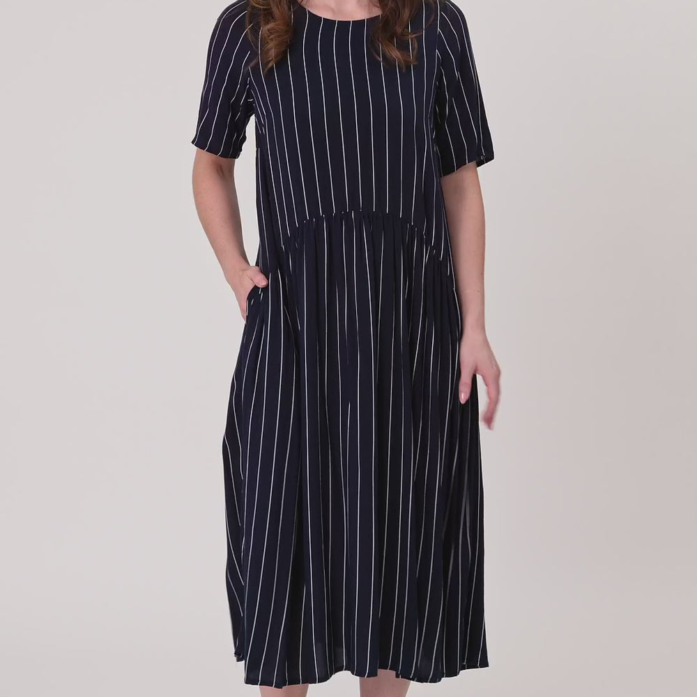 
                  
                    Load and play video in Gallery viewer, Monroe Dress -NAVY STRIPE
                  
                