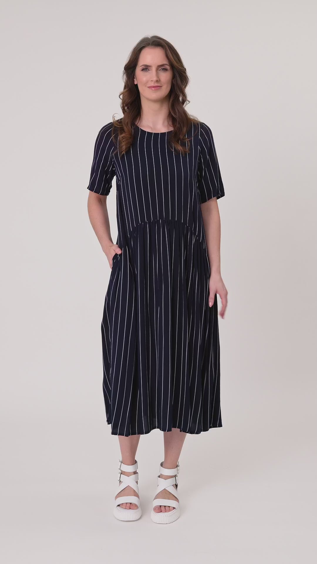 
                  
                    Load and play video in Gallery viewer, Monroe Dress -NAVY STRIPE
                  
                