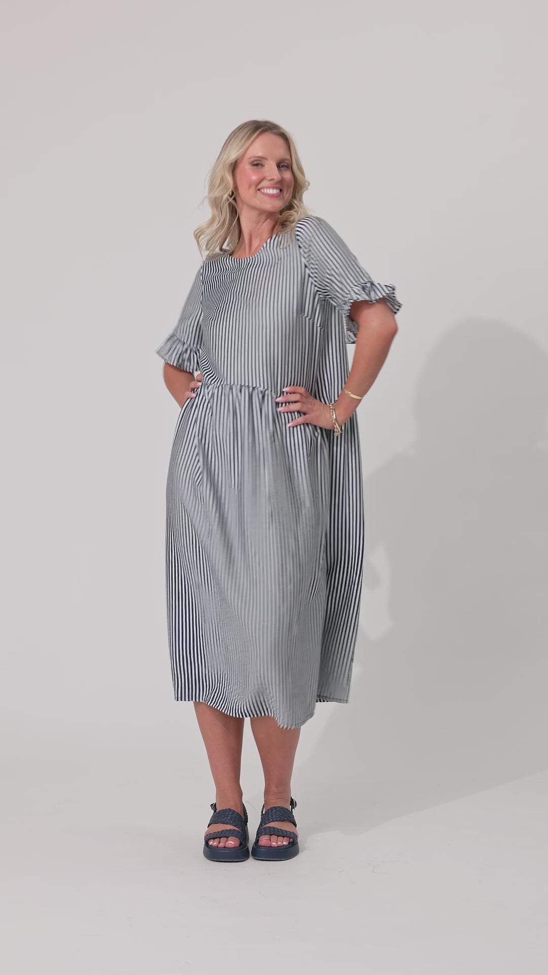 
                  
                    Load and play video in Gallery viewer, MADONNA DRESS-NAVY STRIPE
                  
                