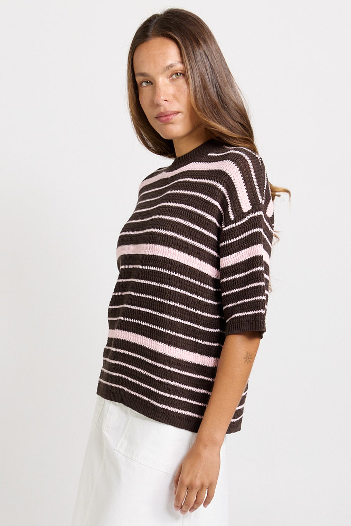 
                  
                    DYLAN KNIT TEE-CHOCOLATE/PINK STRIPE
                  
                