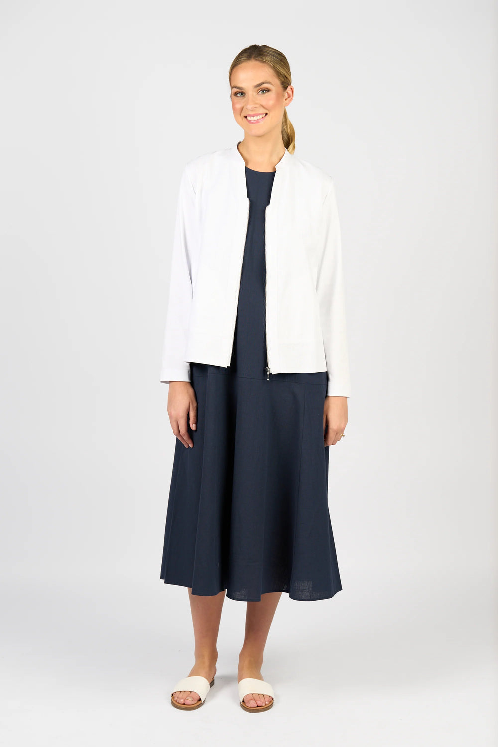 2103-Zip Up Jacket with Knit Panels-White