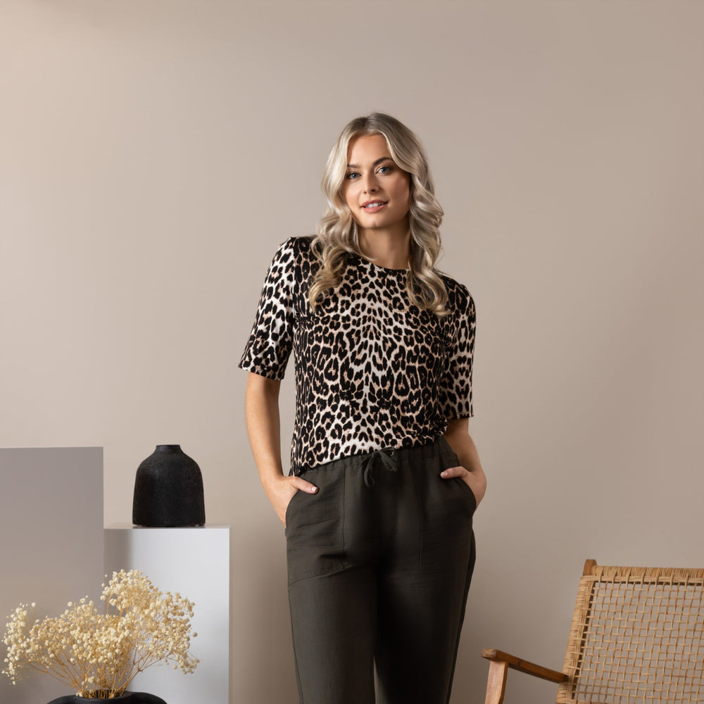 4329-3/4 Sleeve Round Neck Top-Leopard print