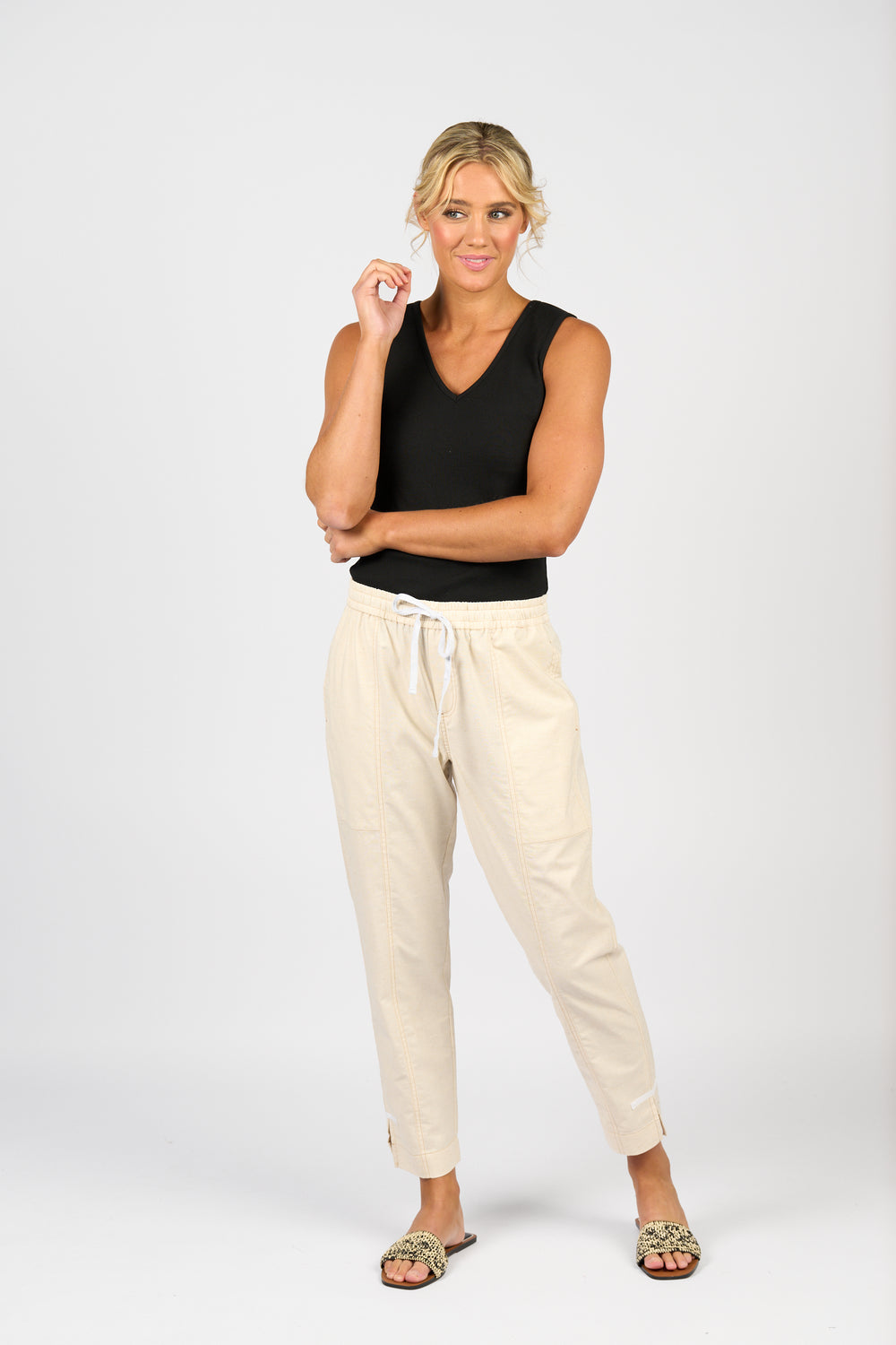 5040-Relaxed Leg Ankle Grazer Pant with Contrast Trim & Stitching-Natural