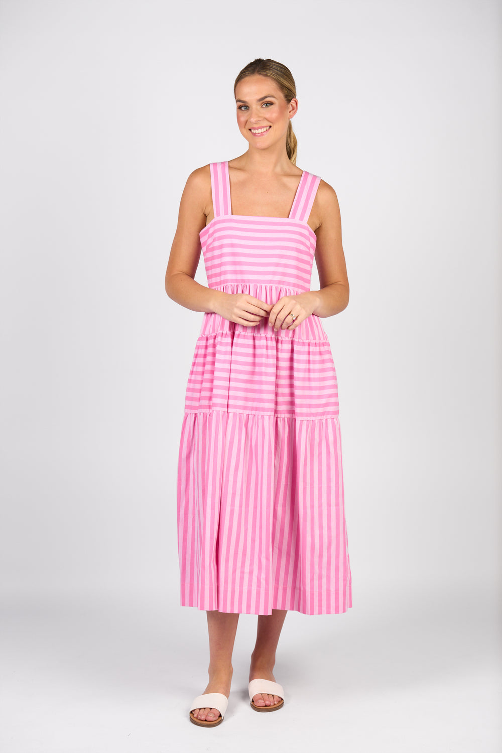 6099-Sleeveless Tiered Dress with Wide Straps-Pink Stripe