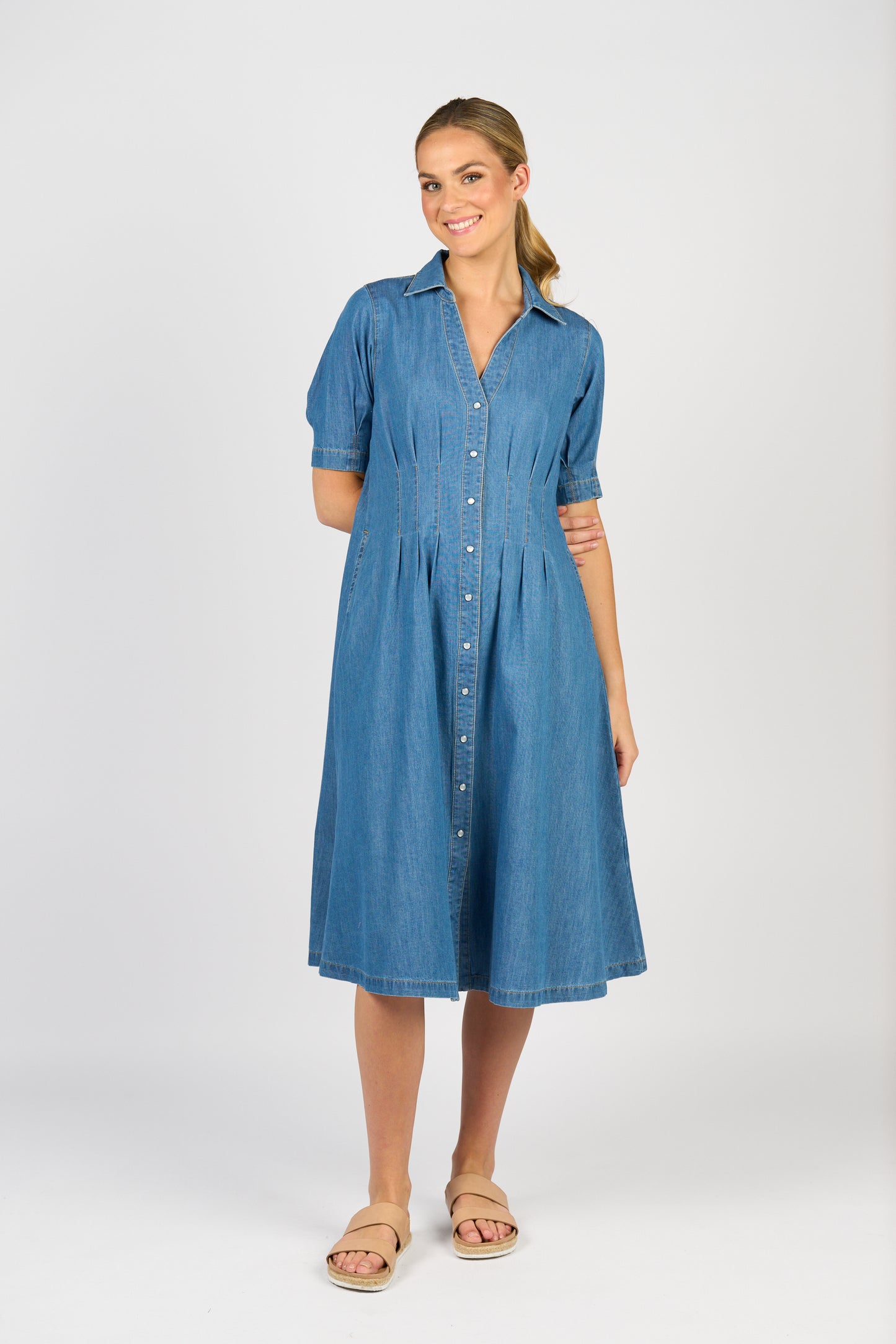 
                  
                    6114-Shaped Waist Button-Up Dress with Pockets-Mid wash
                  
                