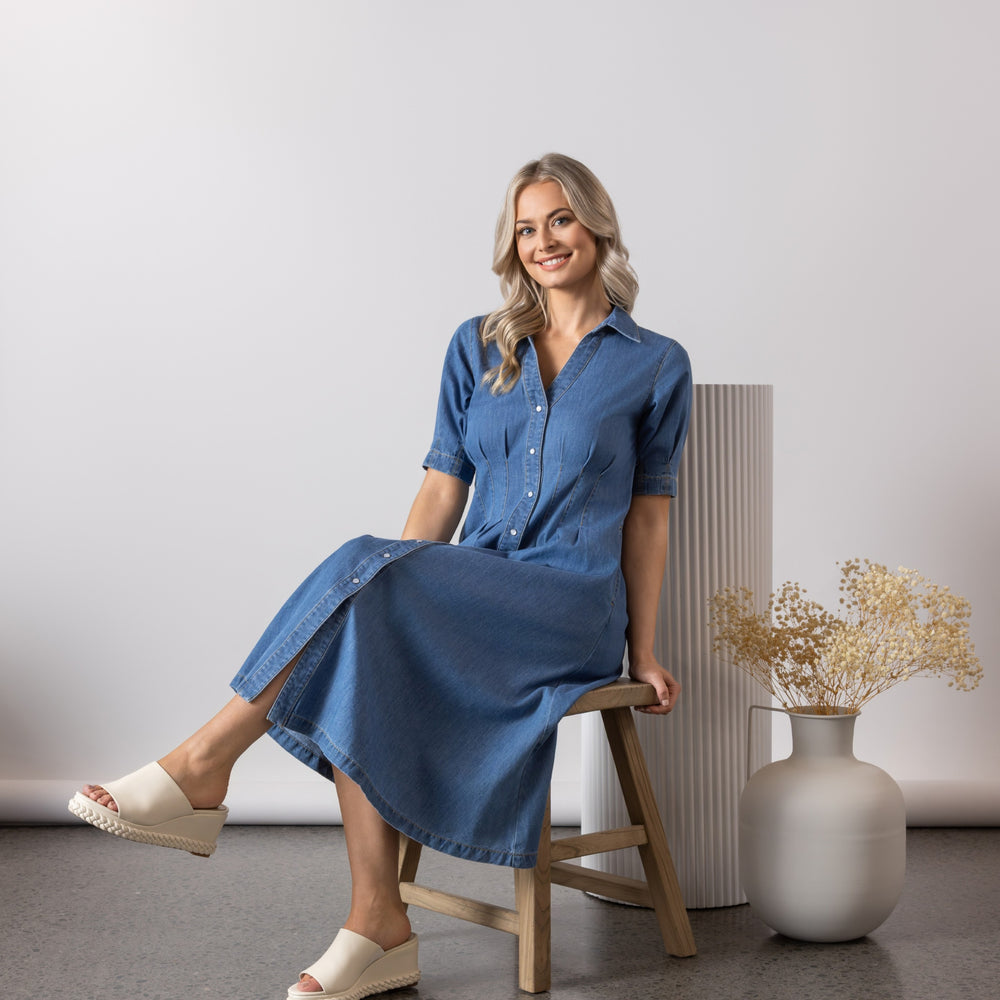 
                  
                    6114-Shaped Waist Button-Up Dress with Pockets-Mid wash
                  
                