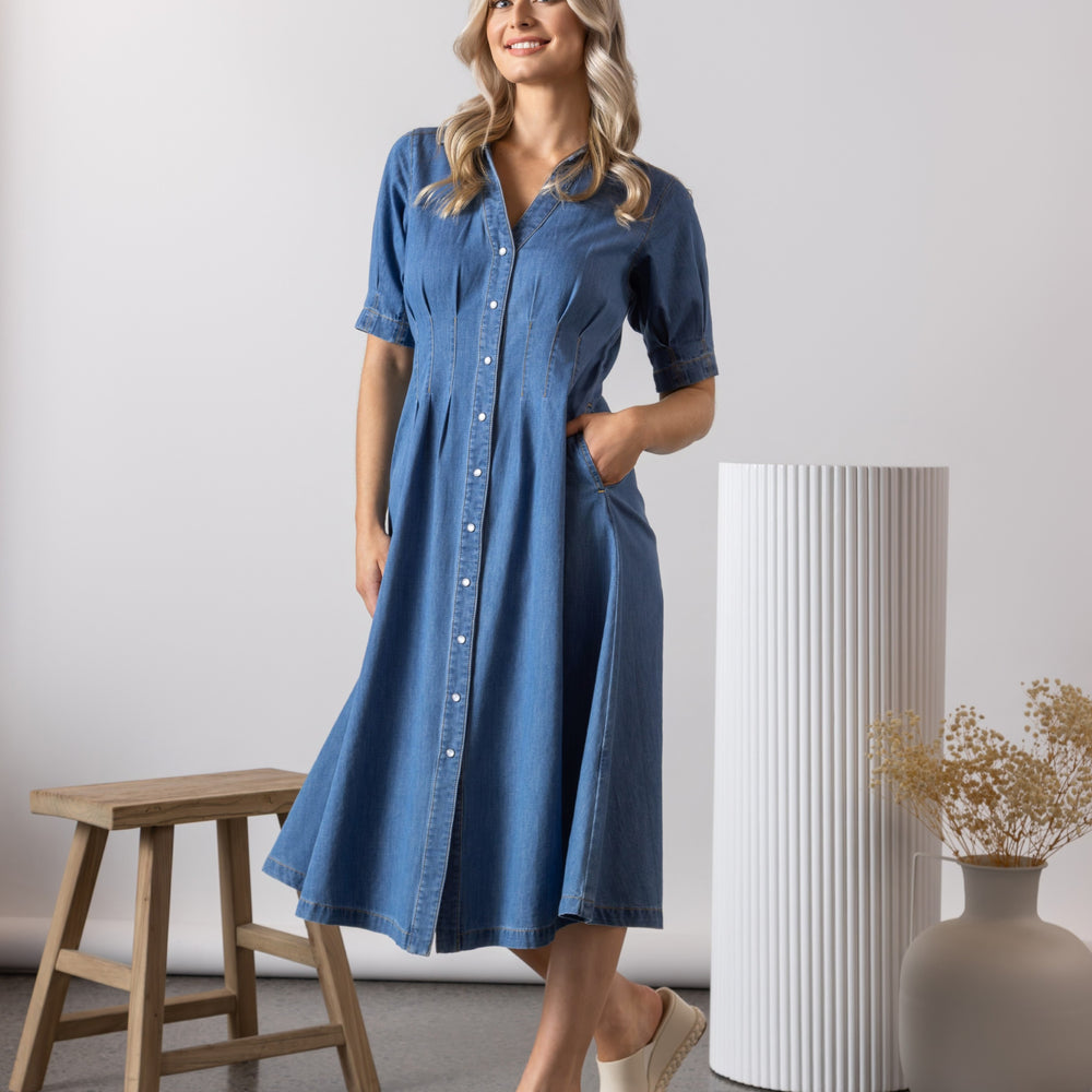
                  
                    6114-Shaped Waist Button-Up Dress with Pockets-Mid wash
                  
                