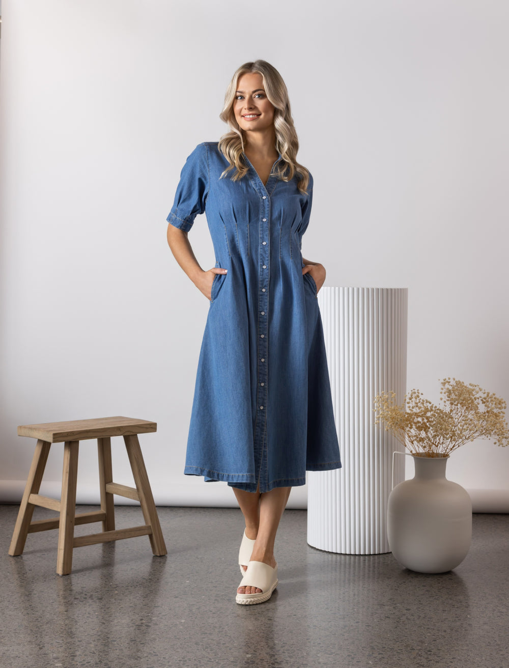6114-Shaped Waist Button-Up Dress with Pockets-Mid wash