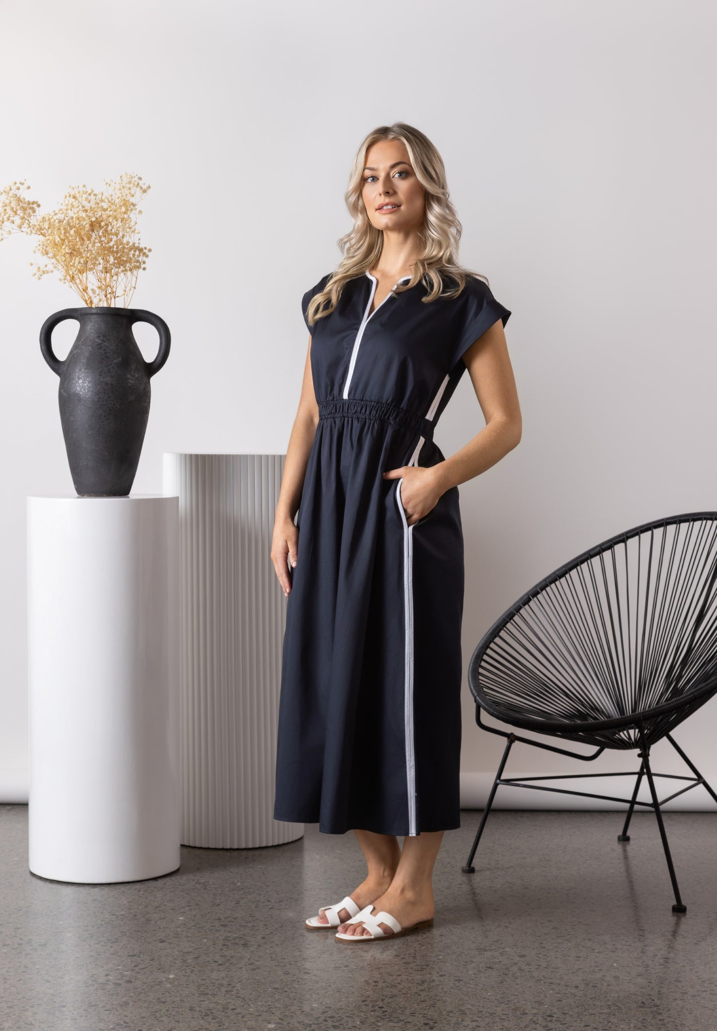 
                  
                    6118-V Neck Shirred Waist Dress with Contrast Trim and Pockets-ink/white
                  
                