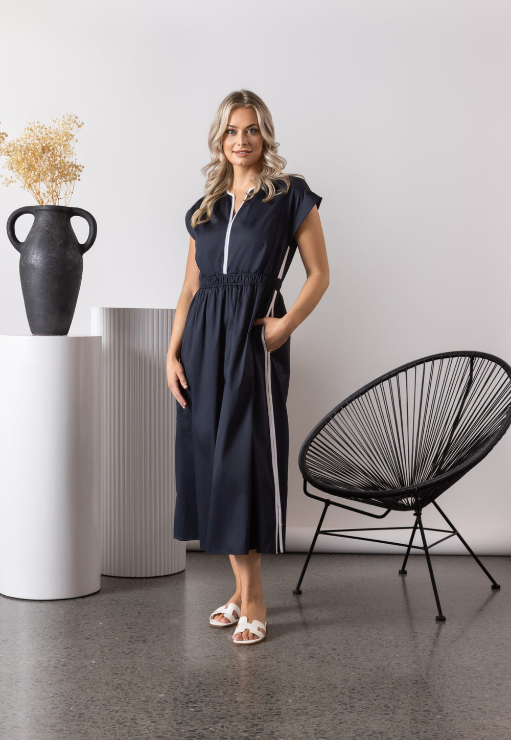 6118-V Neck Shirred Waist Dress with Contrast Trim and Pockets-ink/white