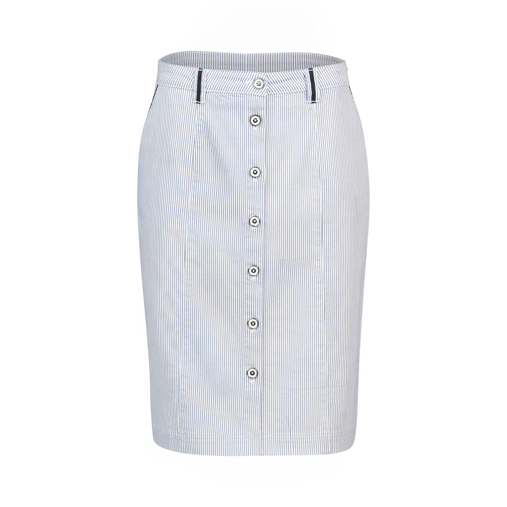 
                  
                    7049-Knee Length Skirt with Contrast Buttons and Trim-Ink/White Stripe
                  
                