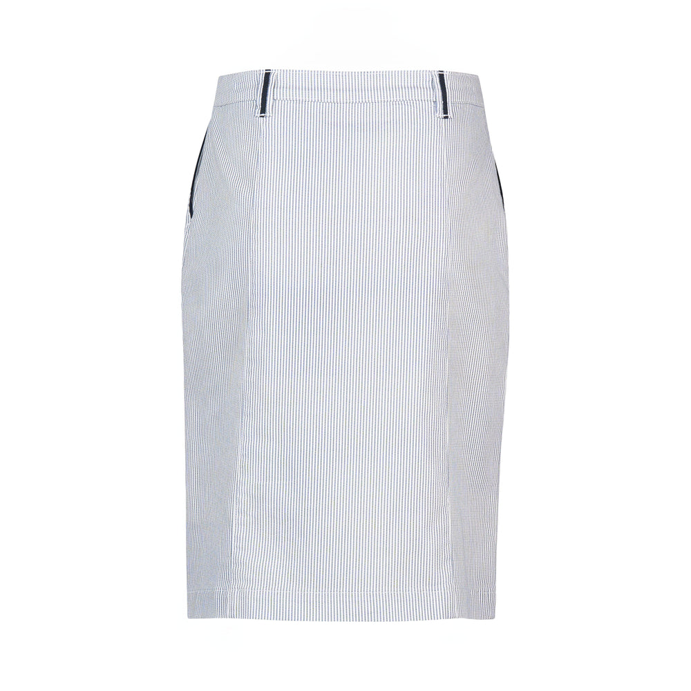 
                  
                    7049-Knee Length Skirt with Contrast Buttons and Trim-Ink/White Stripe
                  
                