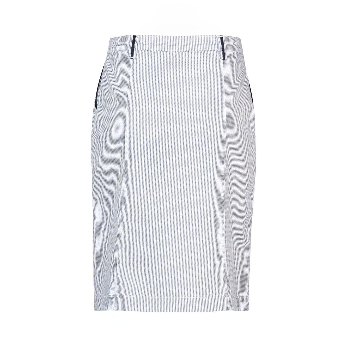 
                  
                    7049-Knee Length Skirt with Contrast Buttons and Trim-Ink/White Stripe
                  
                